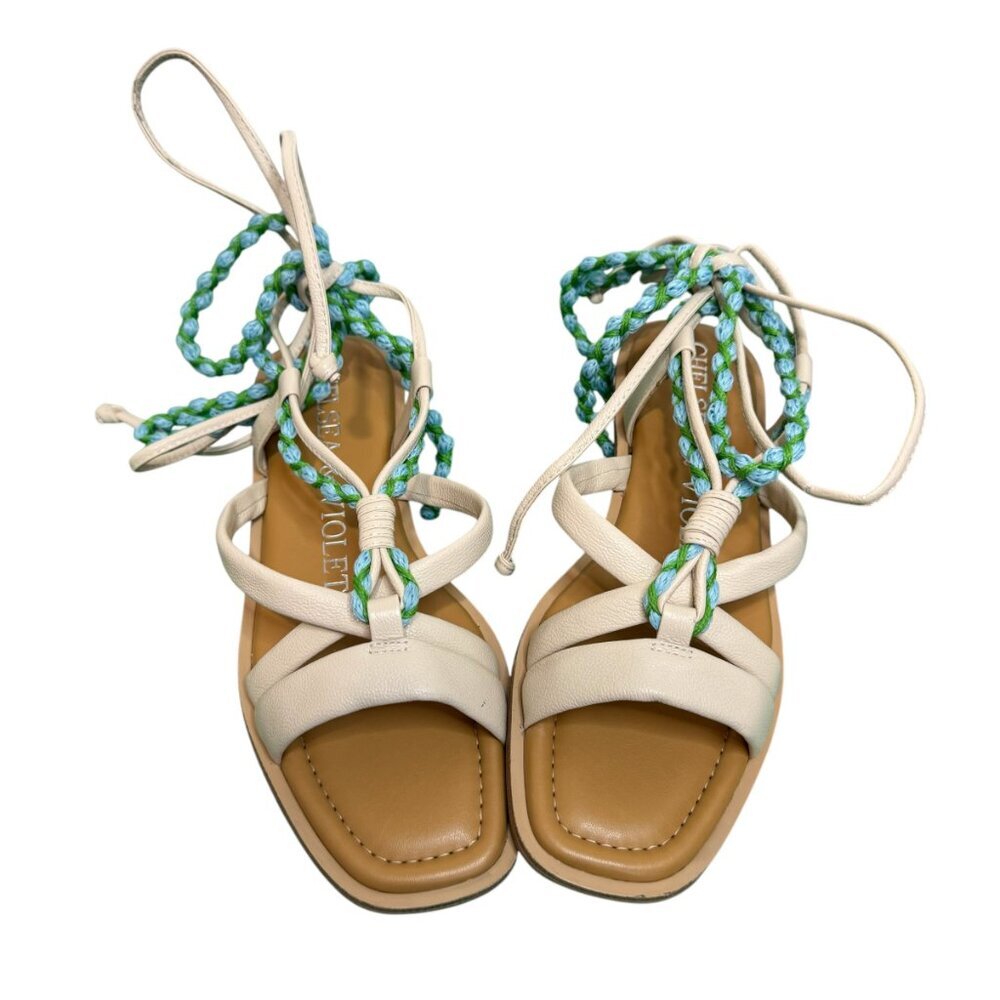NEW! Chelsea & Violet Strappy Lace-Up Sandals White Braided Detail Size 7.5